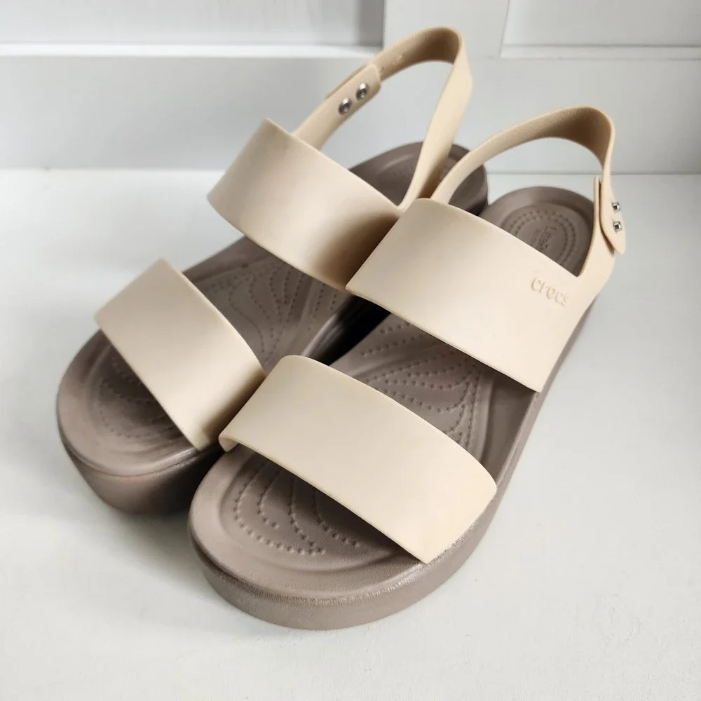 Crocs Brooklyn Low‎ Wedge Sandals Beige Tan Platform Strappy LiteRide Womens 9